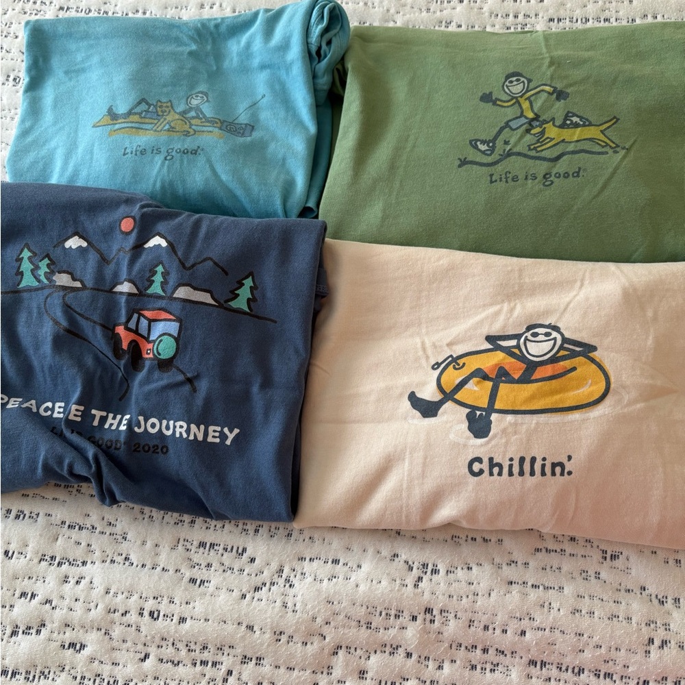 Life Is Good Graphic T-Shirts in Blue, Green, and Beige